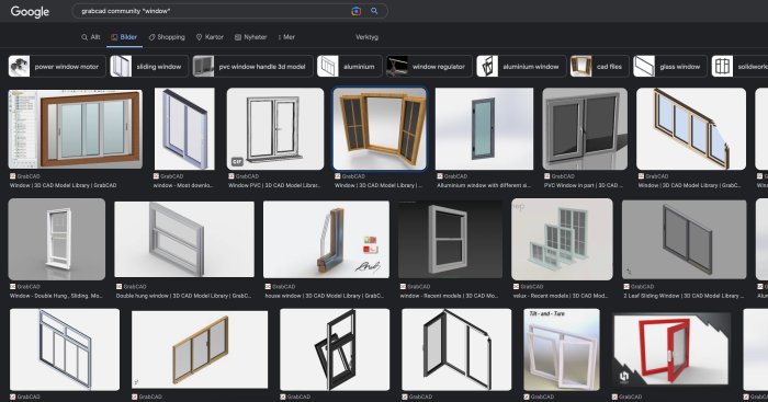 Samling av 3D-modellerade fönster med olika stilar och konstruktioner från en sökning online.