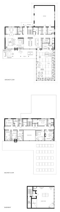 Arkitektonisk planritning av hus med tre våningar, inklusive källare, flera sovrum, garage, och poolområde.