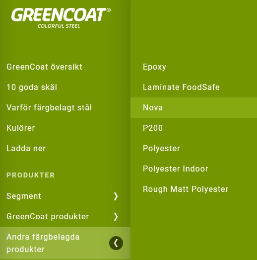 En grön meny med text för produkter och kategorier relaterade till märket "GreenCoat".
