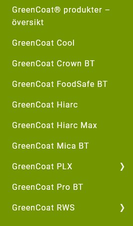 Lista över GreenCoat-produkter, namn, varianter, belagda stålytor, grön bakgrund, text i vitt och gult.