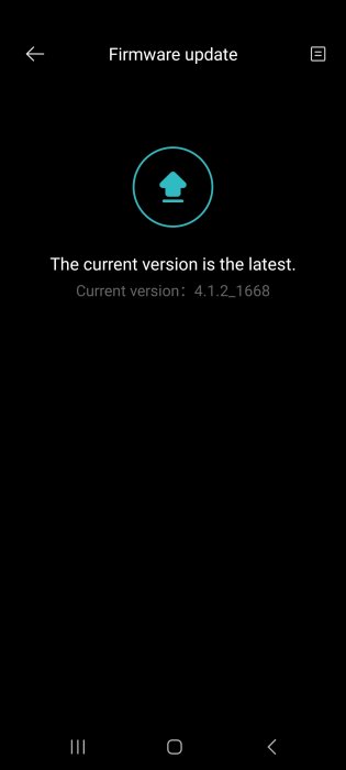 Mobilskärm visar programvaruuppdatering; nuvarande version 4.1.2.1668 är den senaste. Dark mode, enkel design.