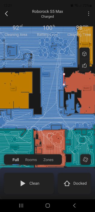 App-gränssnitt för Roborock S5 Max dammsugarrobot som visar rengöringsområden, batterinivå och rengöringstid.