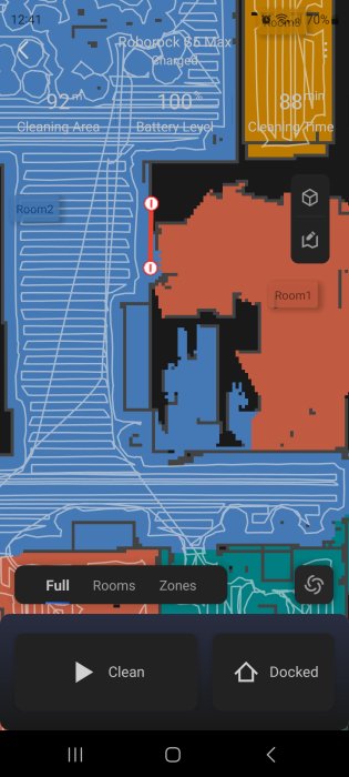 Skärmdump av en robotdammsugares karta-app med statistik och kontroller för städning.