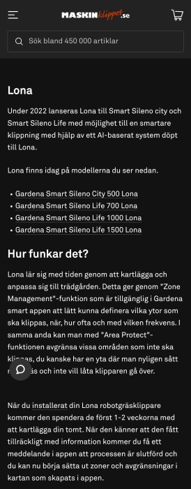 Webbsida som beskriver Lona tillägg till Gardena robotgräsklippare, AI-funktioner, modeller och hur systemet fungerar.