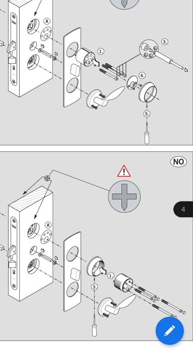 Instruktioner för montering/demontering av dörrlås med skruvmejsel, varningsikon indikerar fel metod.