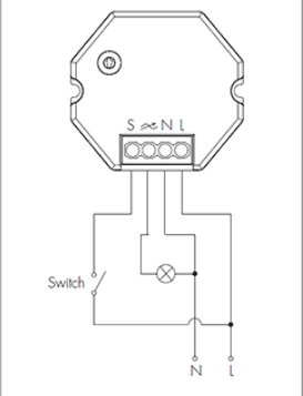 Enkelt elektriskt kopplingsschema med en brytare, lampa och anslutningar markerade S, N, L.