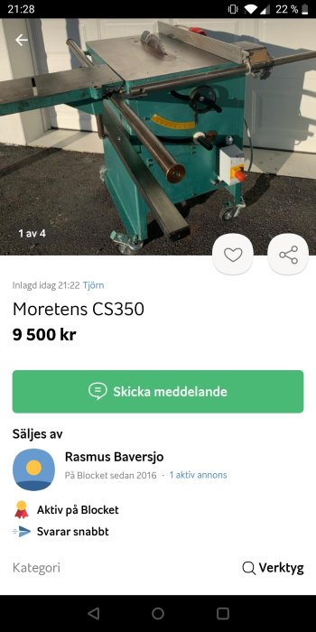 Cirkelsåg, Moretens CS350, till salu på Blocket för 9500 kronor.