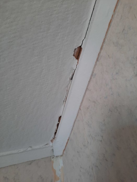 Skadad vit list vid vägg och golv, spricka och flagnad färg synlig.