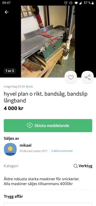 Annonssida visar verktyg för snickeri till salu inklusive hyvel och bandsåg.