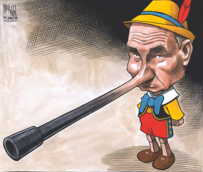 Karikatyr med Pinocchio-tema och en man med lång näsa och kanon. Satiriskt, möjligt politiskt budskap.