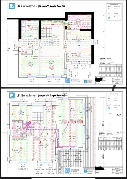 Tekniska ritningar för golvvärmeinstallation med flödesscheman, dimensioner och rumsmarkeringar.