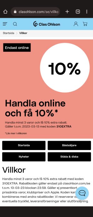 Webbsida för Clas Ohlson, erbjudande om 10% rabatt, använd kod 310EXTRA, villkor specificerade längre ner.