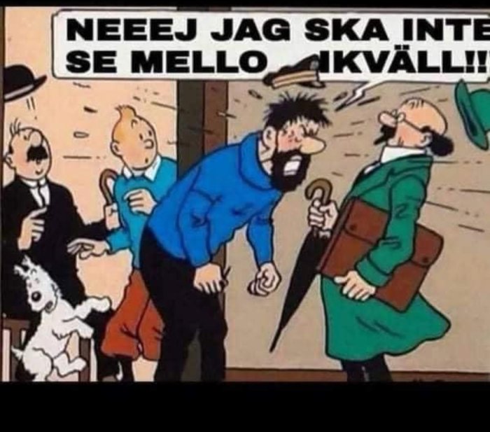 Tecknade figurer, skäggig man skriker, Tintin och hund ser chockade ut, humoristisk, referens till "mello".