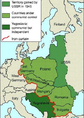 Karta visar Östeuropa under kallakriget, Sovjetunionens territorium, kommunistiska länder och Järnridån.