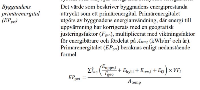 Svensk text om beräkning av byggnadens primärenergital, innehåller formel, matematiska uttryck.