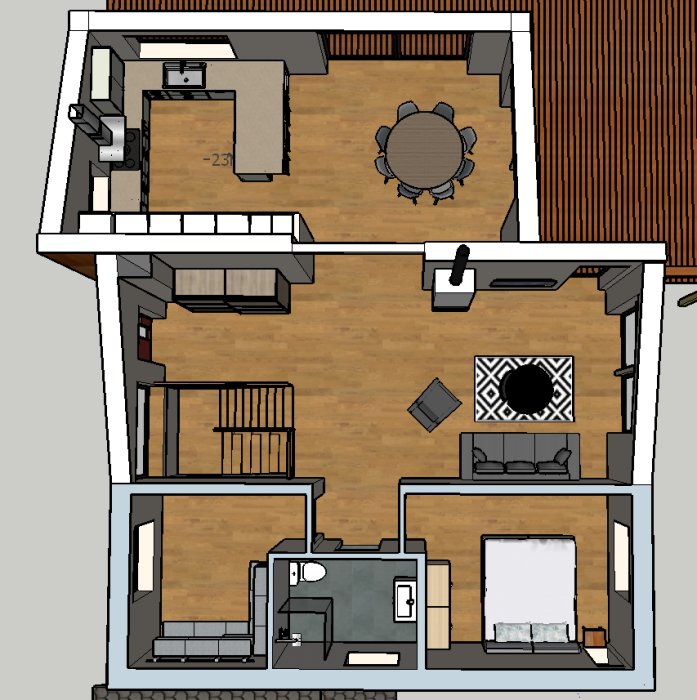 Översta våningen, planritning, kök, vardagsrum, balkong, matsal, sovrum, badrum, modern design.