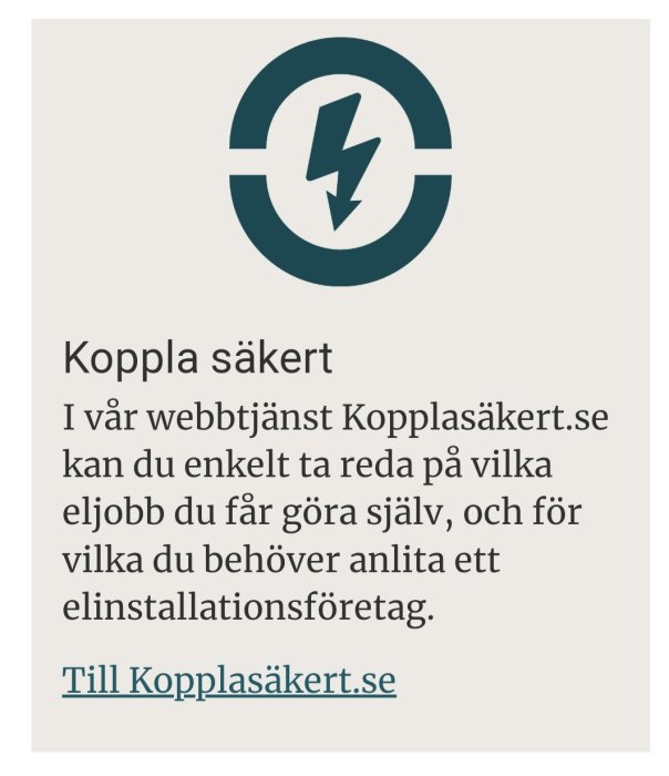 Symbol för elektricitet. Text om webbtjänsten Koppolasäkert.se, elarbete, säkerhet och elinstallation.