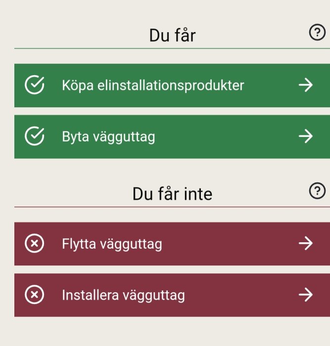 En skärmdump på en lista med regler om elinstallation: vad man får och inte får göra.