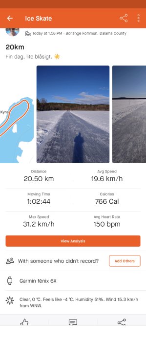 Skridskoåkning, aktivitetsdata, två bilder, skugga på is, klar himmel, fitness-tracker appskärmdump.