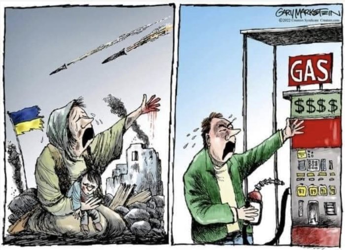 En satirisk illustration som jämför krigets lidande med irritation över bensinpriser.
