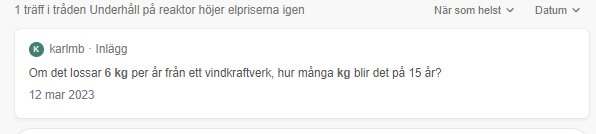 Skärmdump av ett foruminlägg med frågan om ackumulerad vikt från vindkraftverk över 15 år.