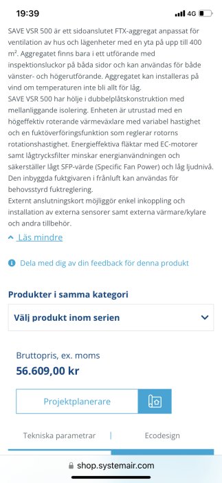 Skärmbild av FTX-aggregat (SAVE VSR 500) information, pris och projektplanerarknapp på Systemair webbsida.