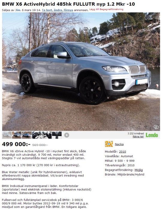 Silverfärgad BMW X6 hybrid på snötäckt väg, till salu, naturbakgrund, informationsruta med pris och specifikationer.