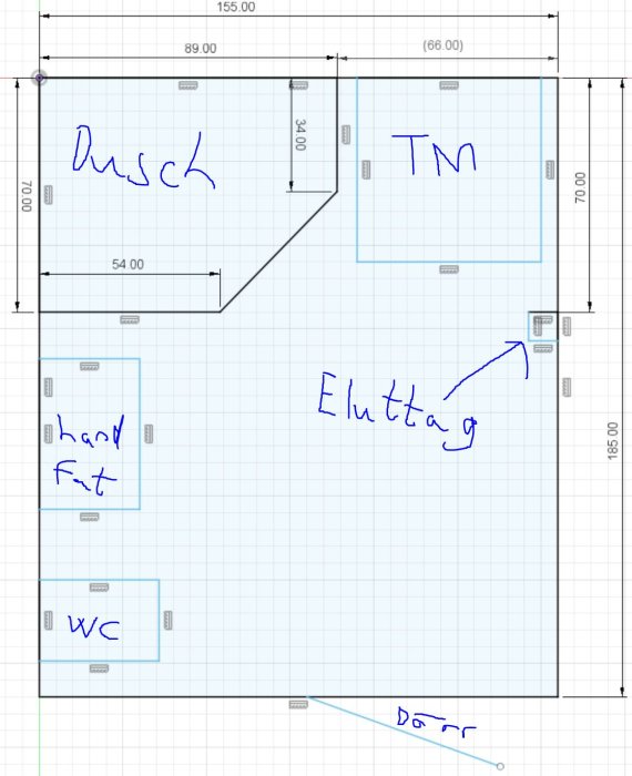 Ritning av badrum med markerade områden: dusch, handfat, WC, TM (torkmaskin) och eluttag.