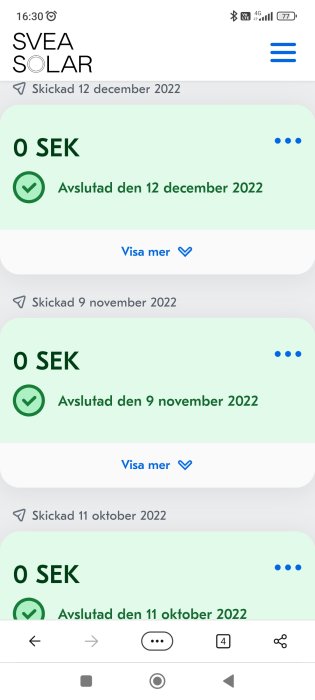 Skärmavbild från mobil visar tre avslutade transaktioner på 0 SEK hos SVEA SOLAR, datummarkeringar tillgängliga.