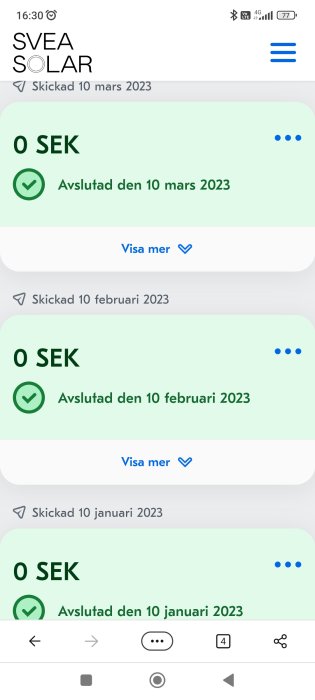 Mobilskärmdump, transaktioner markerade som "Avslutad", noll kronor, datum, SVEA SOLAR logotyp.