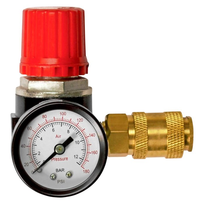 Tryckregulator med röd ratt, manometer och mässingskoppling för pneumatiksystem.