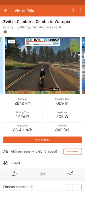 Skärmdump av en virtuell cykeltur i Zwift, med statistik över distans, tid, hastighet och kaloriförbrukning.