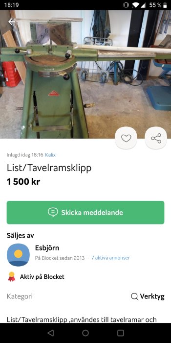 Grön listtavelramsklipp till salu på Blocket, verktyg för snickeri, pris 1500 kronor.