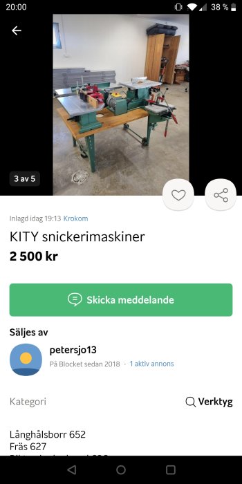 Snickerimaskiner till salu, inuti ett garage eller verkstad, Blocket annons, prissatt 2500 kronor.