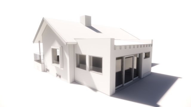 3D-renderad minimalistisk enfamiljshus-modell, vit, modern design, slät yta, solbelyst med skuggor.
