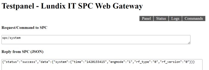 Webbgränssnitt, Testpanel, Lundix IT SPC, kommandofält, JSON-svar, status: success, systeminformation, programmeringsgränssnitt.