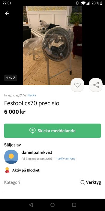 En skärmbild av en annons på Blocket för en Festool cs70 preciso såg, prissatt till 6000 kronor.