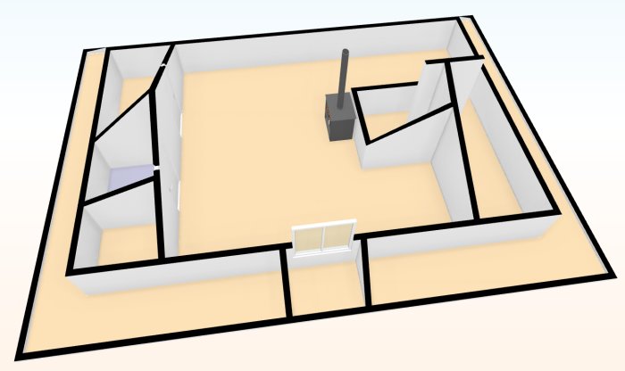 3D-modell av ett rumsligt plan med möbler, väggar och fönster från ett fågelperspektiv.