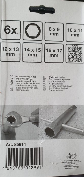 Förpackning för ett set rörnycklar, storlekar anges, produktkod och streckkod syns.