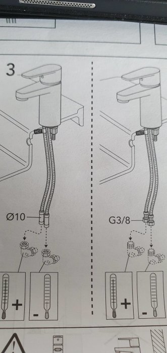 Instruktionsdiagram för anslutning av kran med flexibla rör till vattensystem; inkluderar temperaturindikatorer och dimensioner.