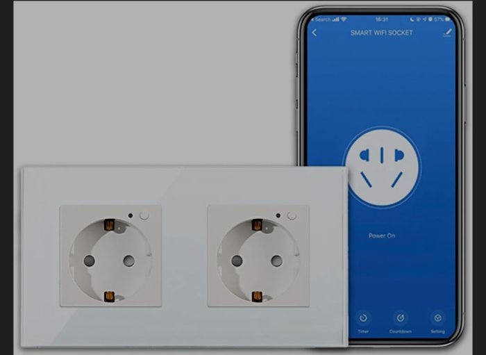 Dubbla smarta eluttag kopplade till mobilapp för fjärrstyrning och automation.