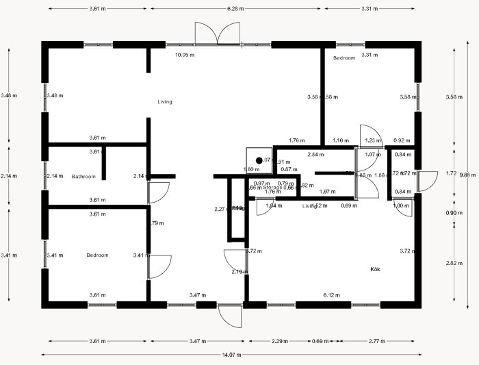 Arkitektonisk ritning, lägenhetsplan, två sovrum, kök, vardagsrum, badrum, mått, skala.