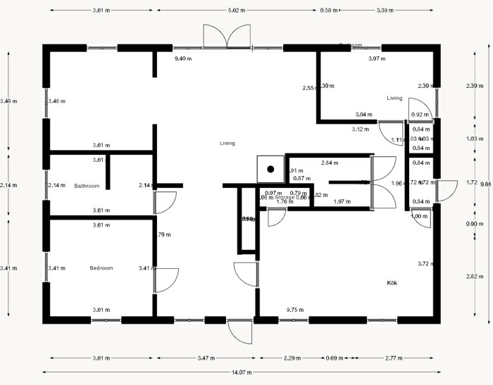 En arkitektonisk planritning av en lägenhet med måtten markerade för varje rum.