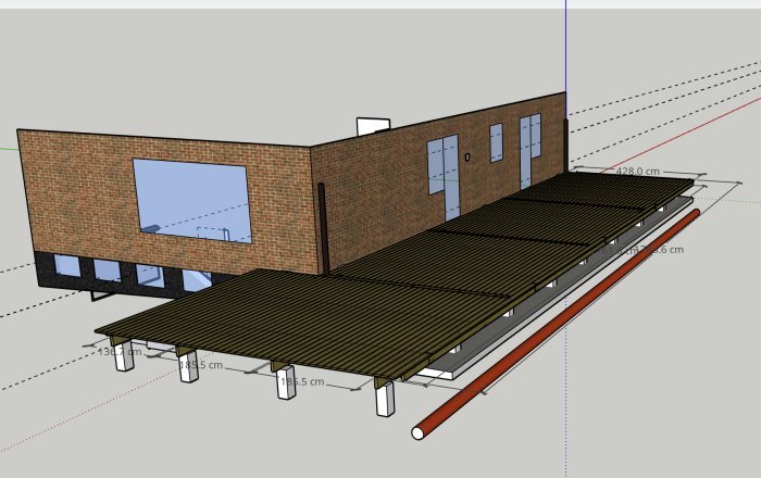 3D-modell av byggnad med måttangivelser, takkonstruktion, stödpelare och tegelfasad i ett ritprogram.