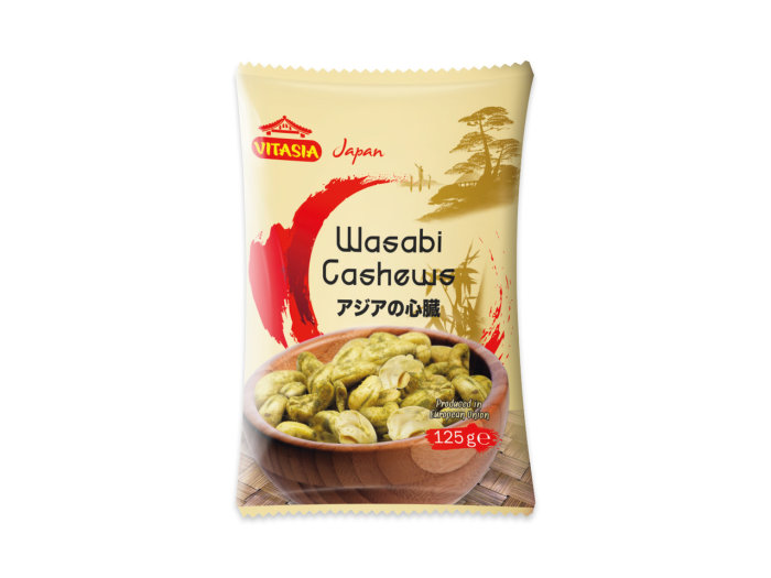 Påsen innehåller wasabi-cashewnötter, 125 gram, Japanskt tema, Vitasia-märke.