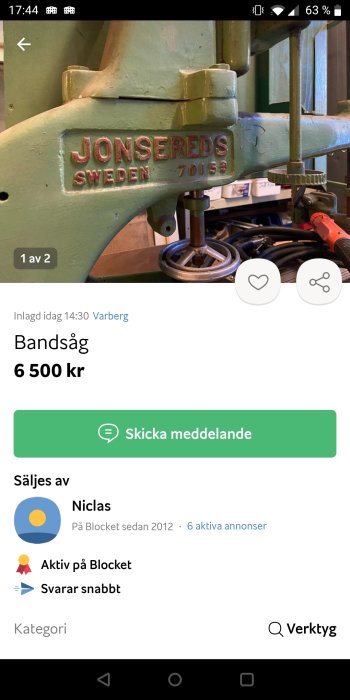 Grön bandsåg, Jonsereds, säljes på Blocket, skärm med användargränssnitt, Verktyg, 6500 kronor.