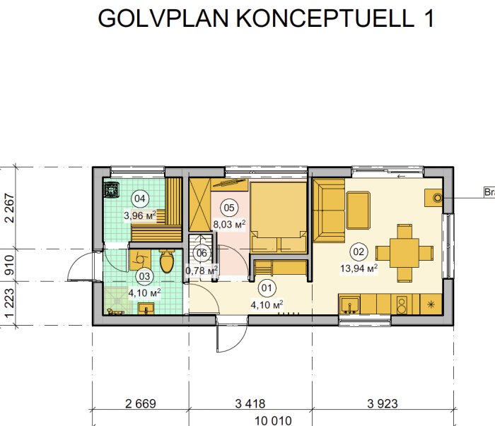 Konceptuell golvyta med rum, möbler, mått och ytor markerade.
