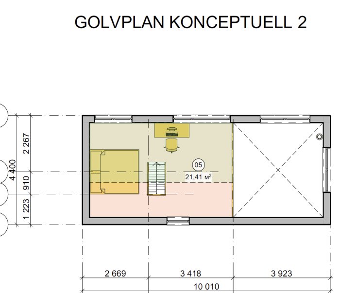 Arkitektonisk ritning av ett rum, beskrivning på svenska, måttangivelser, möbler planlösning, "GOLVPLAN KONCEPTUELL 2".