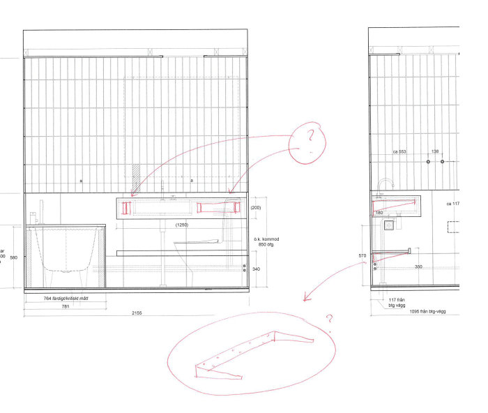 Teknisk ritning av badrumsmöbler, förvirring markerad med frågetecken, måttangivelser och detaljbilder.