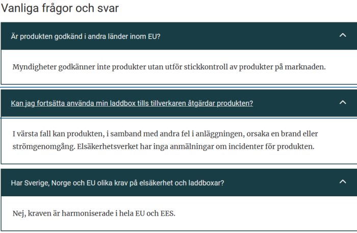 Skärmklipp med FAQ-sektion på svenska. Ämnen inkluderar produktgodkännande, laddboxanvändning och EU-säkerhetskrav.